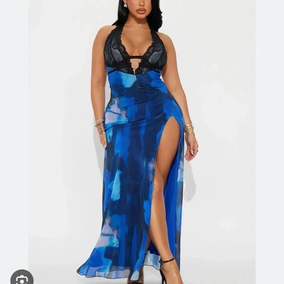Blue Halter Lace-Trim Maxi Dress with High Slit - Picture 2 of 4